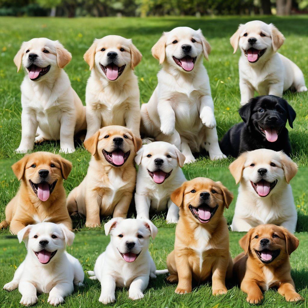 A heartwarming collage of playful puppies showcasing their adorable moments in various playful poses. Include different breeds like Golden Retrievers, French Bulldogs, and Dachshunds, set against a sunny park backdrop with vivid green grass and colorful flowers. Capture the joy in their expressions, with a small child laughing and playing with them. super-realistic. vibrant colors. white background.