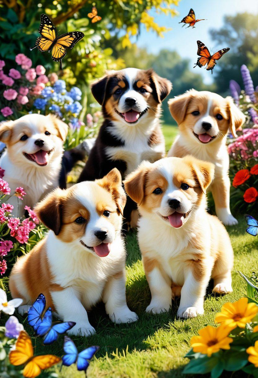 A heartwarming scene of playful puppies frolicking in a sunlit garden, surrounded by colorful flowers and butterflies. Include a joyful child interacting with the puppies, capturing their delightful antics. Add warm lighting to enhance the cheerful atmosphere, evoking a sense of joy and companionship. super-realistic. vibrant colors. soft focus.