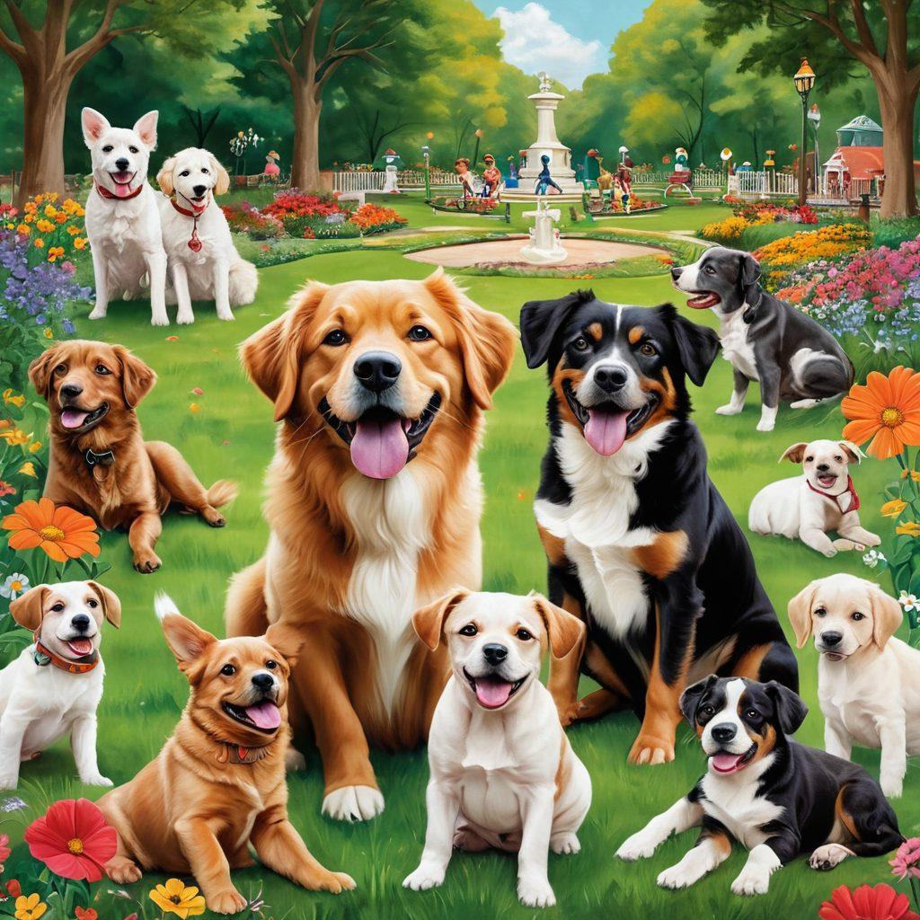 A vibrant collage of heartwarming moments showing dogs being rescued and playing in a park; include a mix of breeds with joyful expressions, a child hugging a dog, and a playful puppy chasing a ball. The background should be filled with lush greenery and colorful flowers, creating a lively atmosphere. Add whimsical illustrations of paw prints and bones to enhance the fun. super-realistic. vibrant colors. white background.